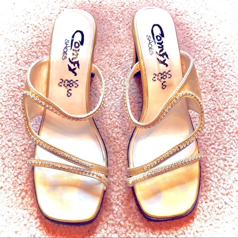 Metallic Gold Slip on Heels with Diamanté Embellishment